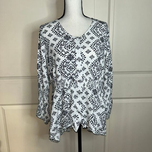 Lane Bryant Peplum Blouse 14 | Boho Flowy Top Black White Geo Print Long Sleeve - Picture 1 of 6